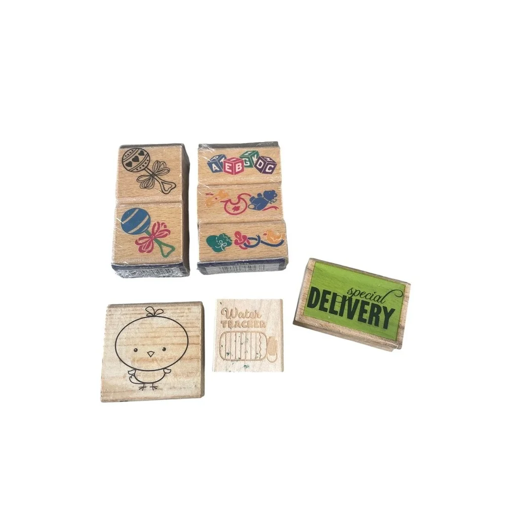 Stamp Craft Wood Mounted Rubber Stamp Lot Baby OS Tan Blue Baby Shower Animals